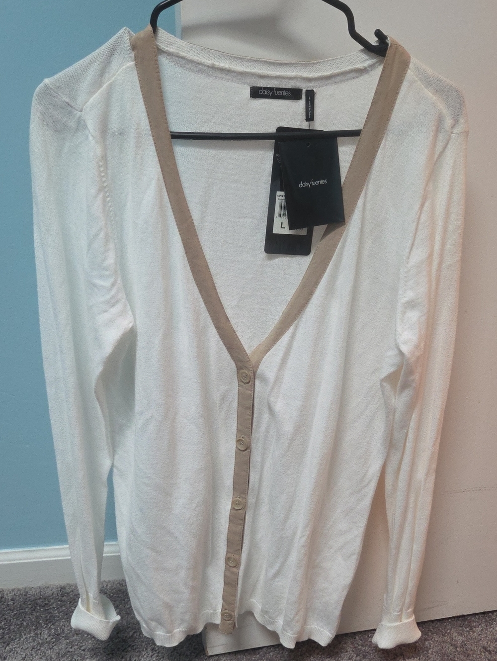 daisy fuentes Cream Button-Front V-Neck Cardigan with Tan Trim